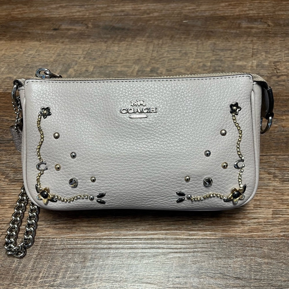 Coach Taupe Stardust Crystal Rivets Nolita 19 Wristlet Bag